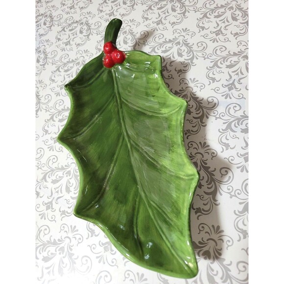 Maxcera Holly Berry  Porcelain Leaf Serving Dish 10" stem to point 5" wide. EUC - Picture 3 of 10